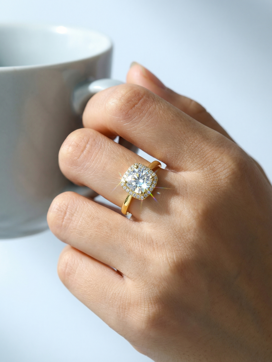 Adjustable & Stackable - Halo Engagement Ring - 925 Sterling Silver & Moissanite