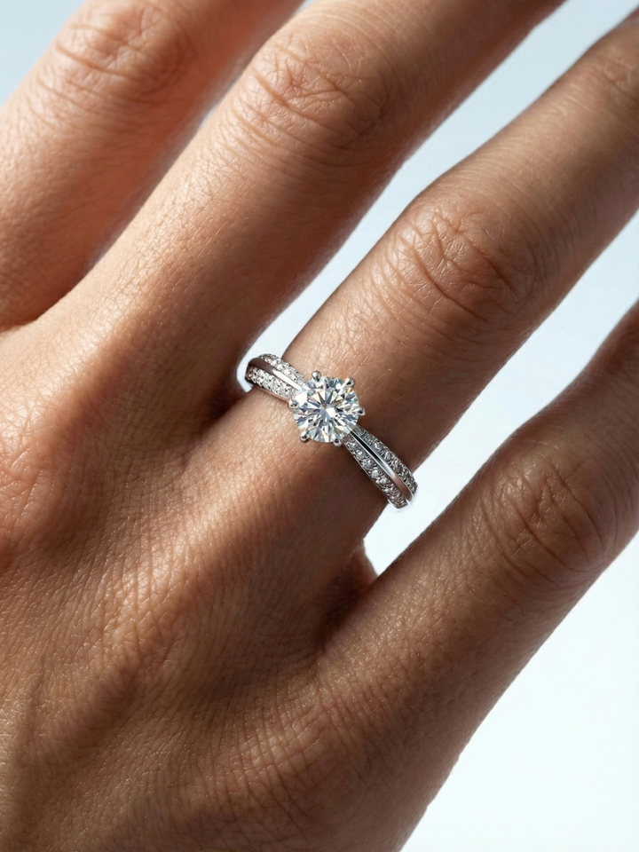 Adjustable & Stackable - Bridge Engagement Ring - 925 Sterling Silver & Moissanite