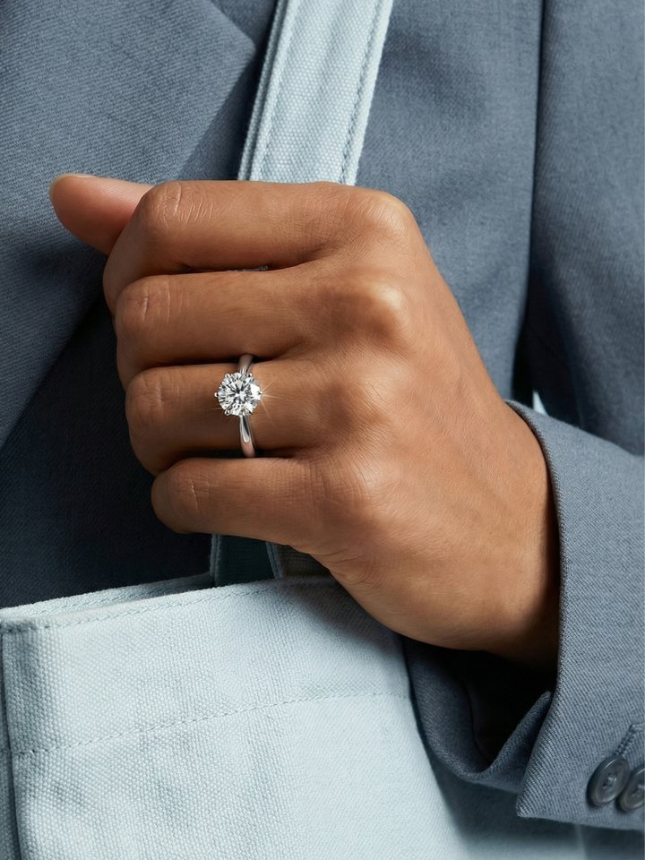 Adjustable & Stackable - Solitaire Engagement Ring - 925 Sterling Silver & Moissanite