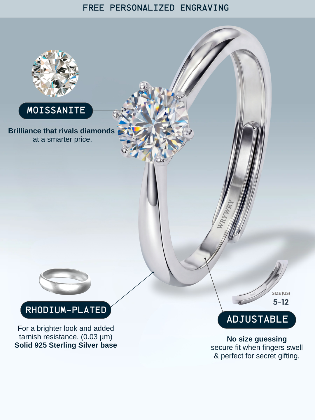 Adjustable & Stackable - Solitaire Engagement Ring - 925 Sterling Silver & Moissanite