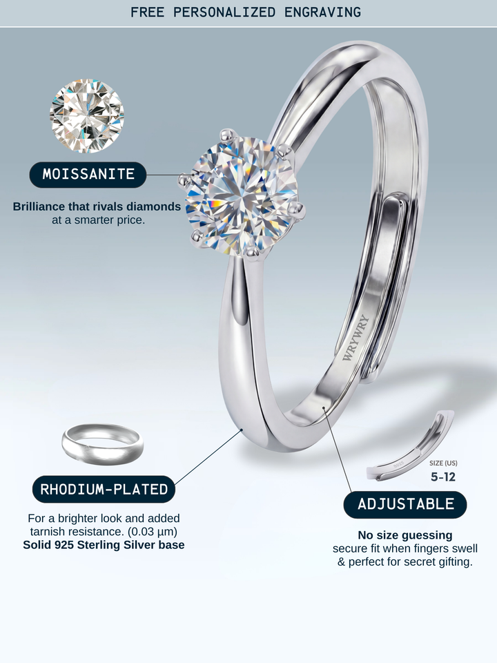 Adjustable & Stackable - Solitaire Engagement Ring - 925 Sterling Silver & Moissanite