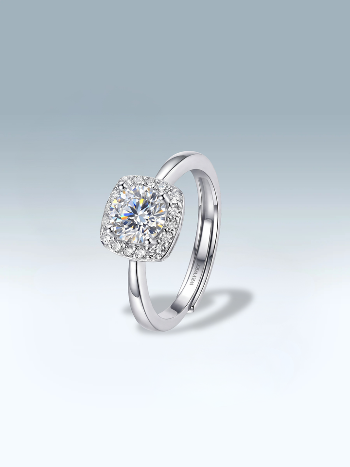Adjustable & Stackable - Halo Engagement Ring - 925 Sterling Silver & Moissanite