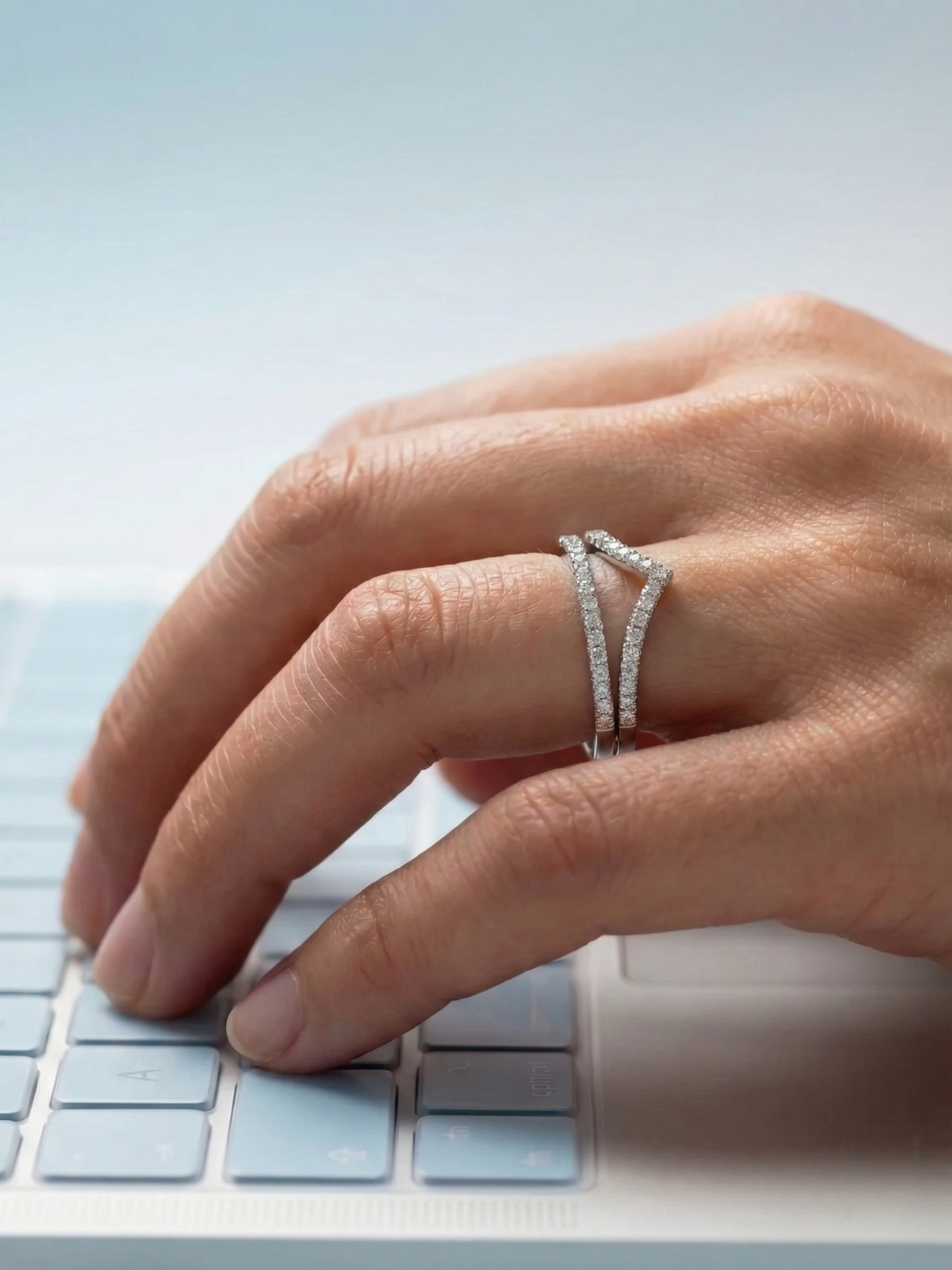 Adjustable & Stackable - Half Eternity Engagement Ring - 925 Sterling Silver & Moissanite