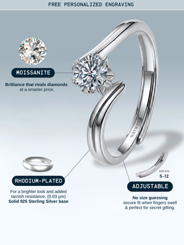 Moissanite swoop ring by WryWry featuring a curved band with sparkling moissanite stones and a sleek, modern design.