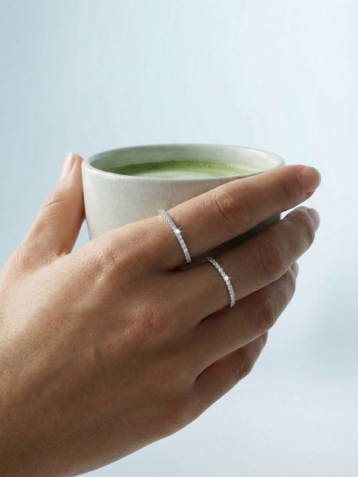 Adjustable & Stackable - Half Eternity Engagement Ring - 925 Sterling Silver & Moissanite