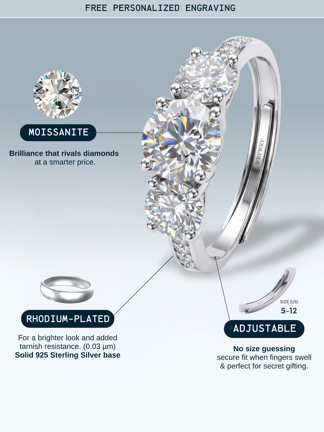 Adjustable & Stackable - Trinity Engagement Ring - 925 Sterling Silver & Moissanite