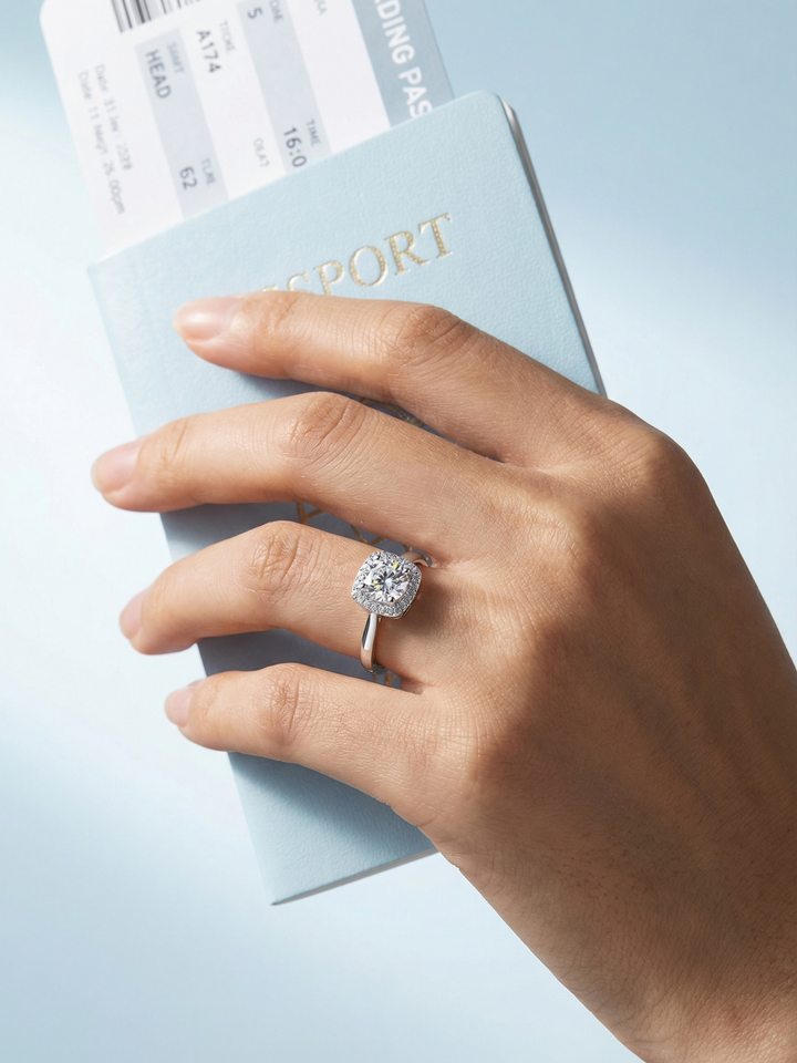 Adjustable & Stackable - Halo Engagement Ring - 925 Sterling Silver & Moissanite