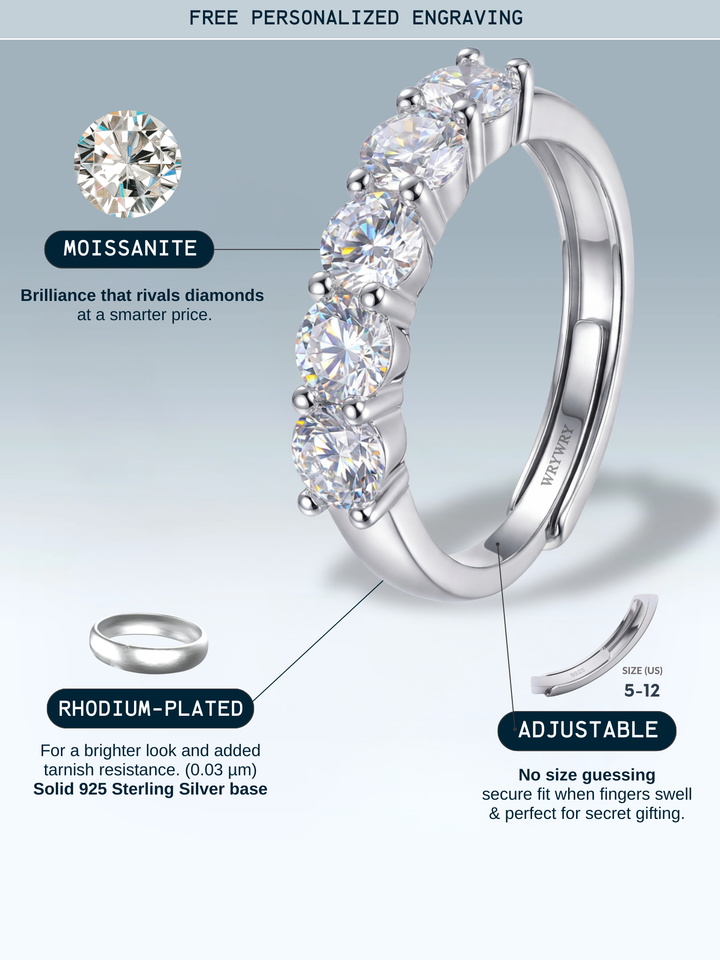 Adjustable & Stackable - Quintet Engagement Ring - 925 Sterling Silver & Moissanite