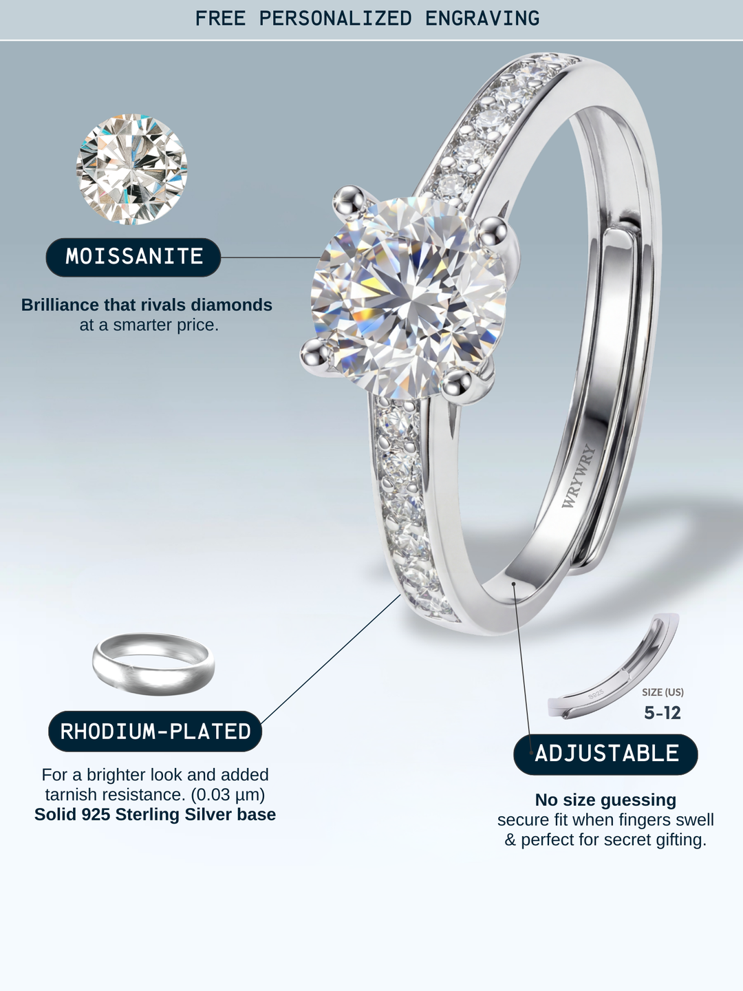 Adjustable & Stackable - Luméra Engagement Ring - 925 Sterling Silver & Moissanite