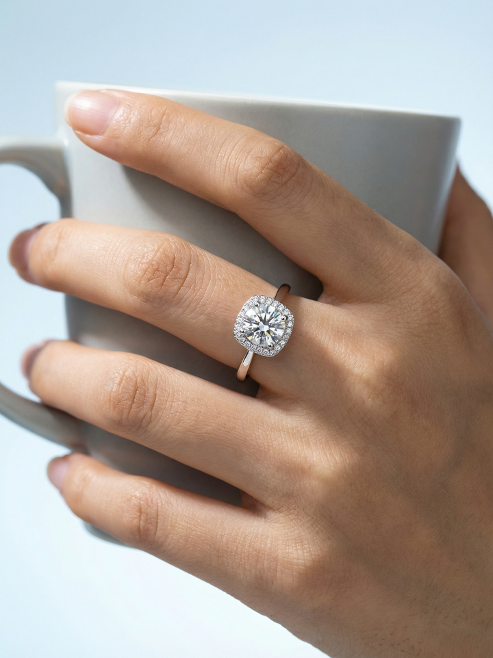 Adjustable & Stackable - Halo Engagement Ring - 925 Sterling Silver & Moissanite