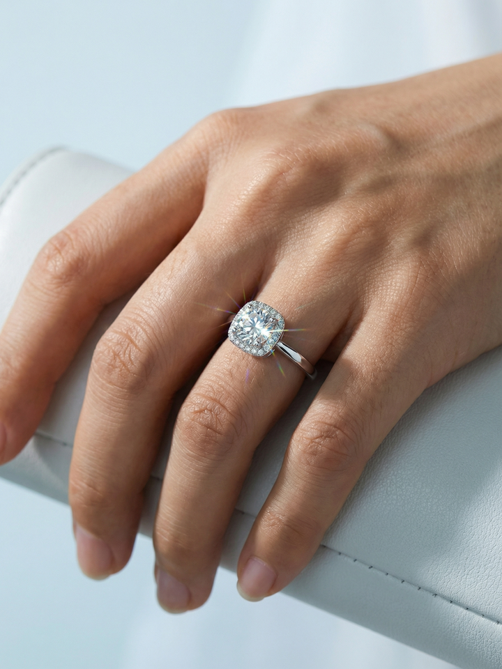 Adjustable & Stackable - Halo Engagement Ring - 925 Sterling Silver & Moissanite