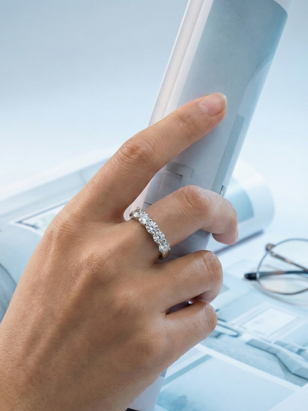 Adjustable & Stackable - Quintet Engagement Ring - 925 Sterling Silver & Moissanite