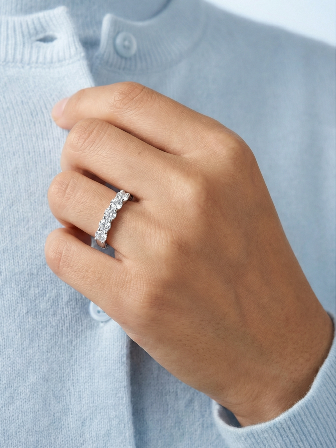 Adjustable & Stackable - Quintet Engagement Ring - 925 Sterling Silver & Moissanite