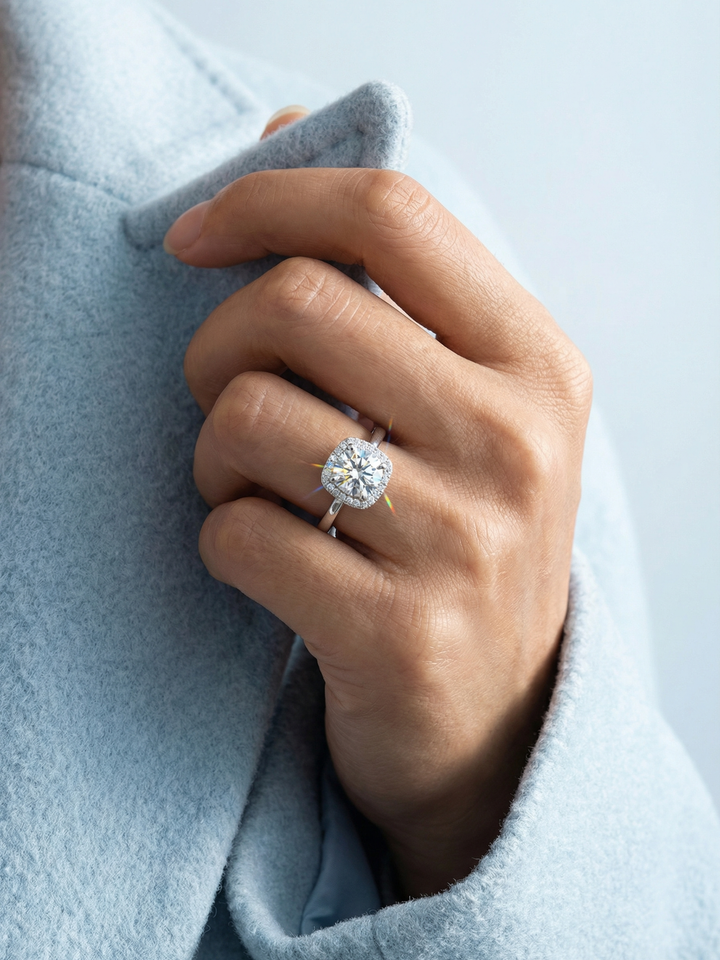 Adjustable & Stackable - Halo Engagement Ring - 925 Sterling Silver & Moissanite
