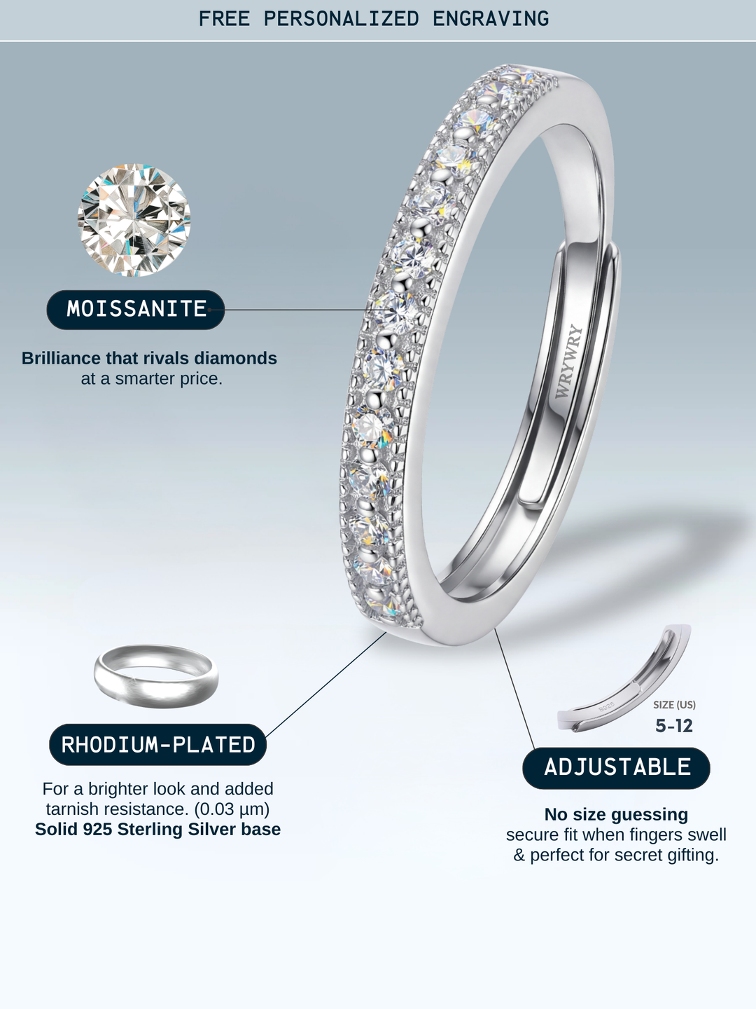 Adjustable & Stackable - Starlet Engagement Ring - 925 Sterling Silver & Moissanite