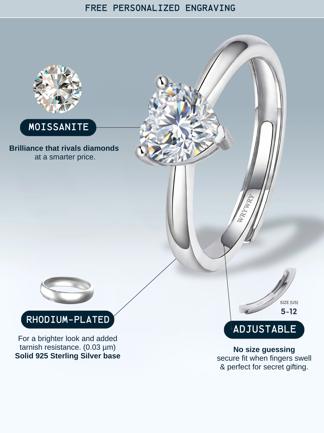 Adjustable & Stackable - Heartling Engagement Ring - 925 Sterling Silver & Moissanite