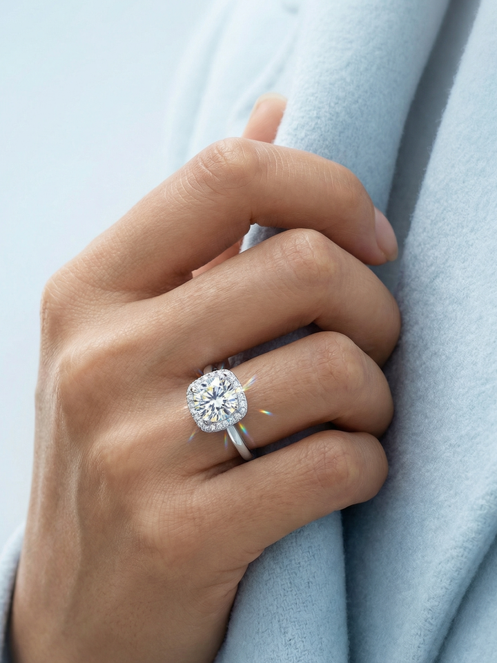 Adjustable & Stackable - Halo Engagement Ring - 925 Sterling Silver & Moissanite