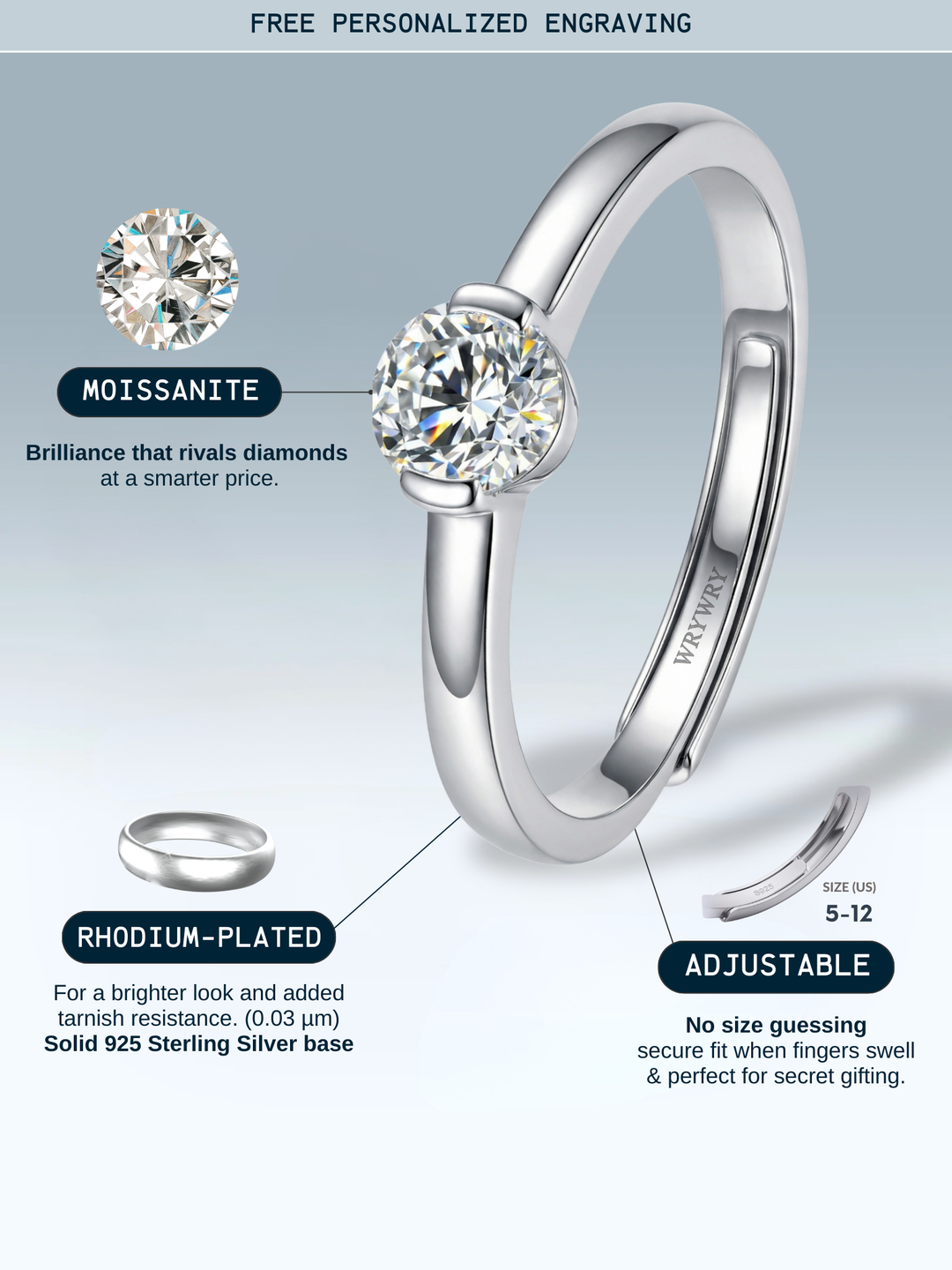 Adjustable & Stackable - Luna Engagement Ring - 925 Sterling Silver & Moissanite