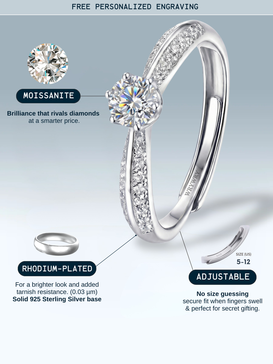 Adjustable & Stackable - Bridge Engagement Ring - 925 Sterling Silver & Moissanite