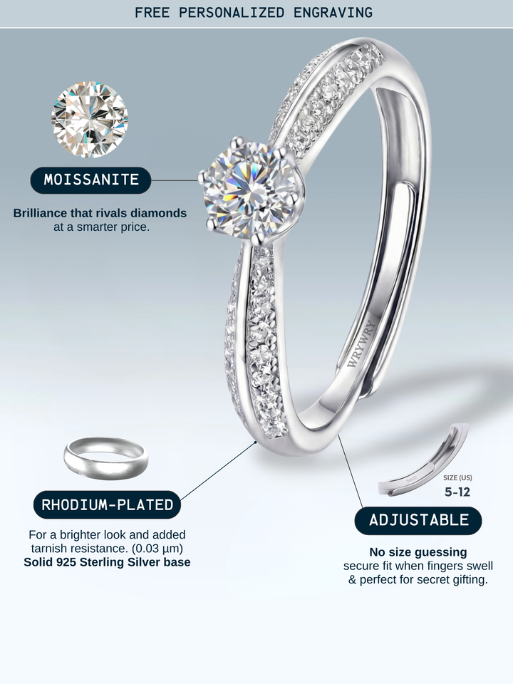 Adjustable & Stackable - Bridge Engagement Ring - 925 Sterling Silver & Moissanite
