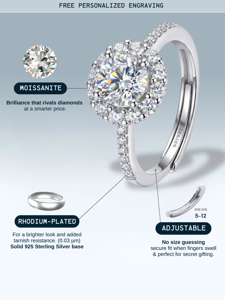 Adjustable & Stackable - Flora Engagement Ring - 925 Sterling Silver & Moissanite