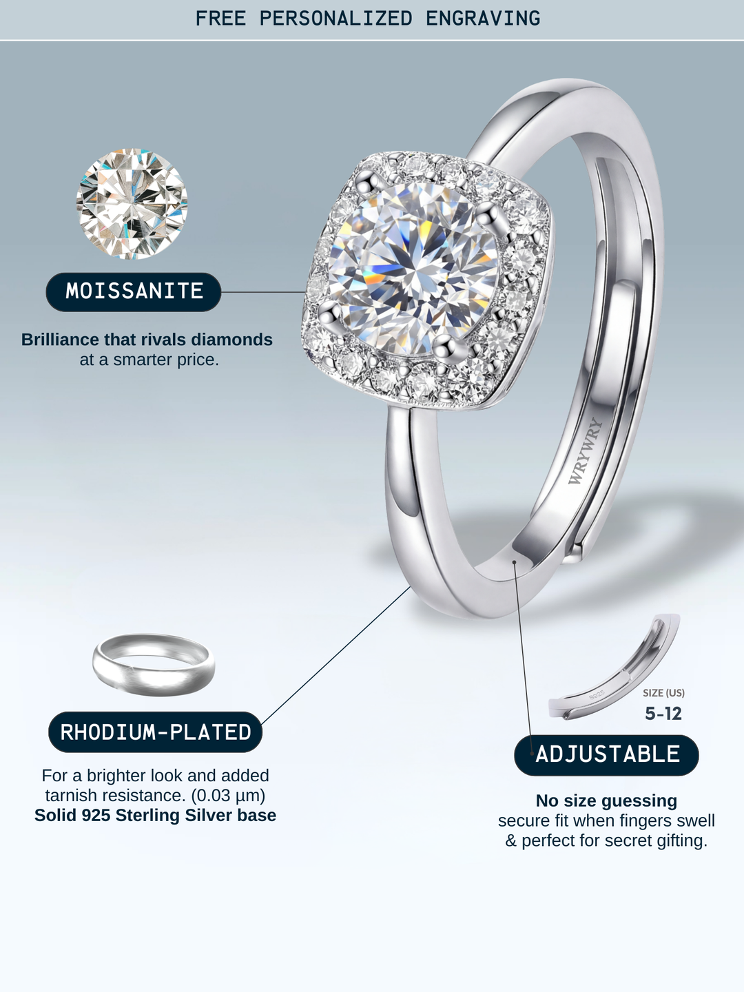 Adjustable & Stackable - Halo Engagement Ring - 925 Sterling Silver & Moissanite