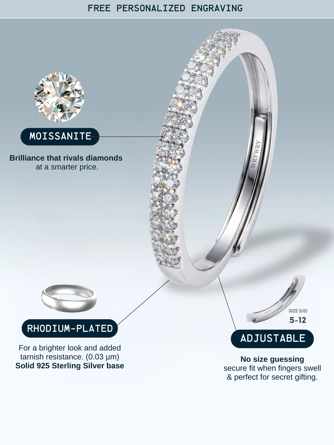 Adjustable & Stackable - Opaline Engagement Ring - 925 Sterling Silver & Moissanite