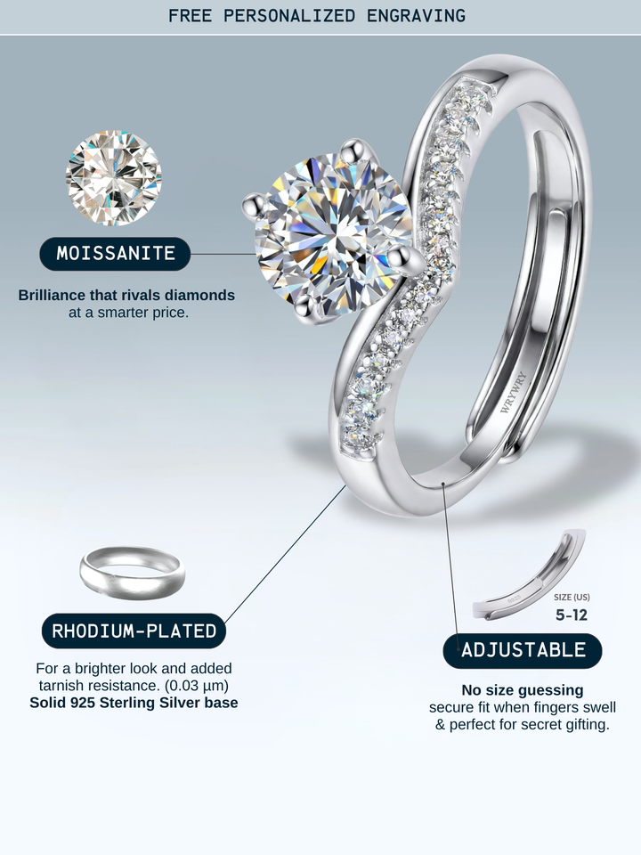 Adjustable & Stackable - Swerve Engagement Ring - 925 Sterling Silver & Moissanite